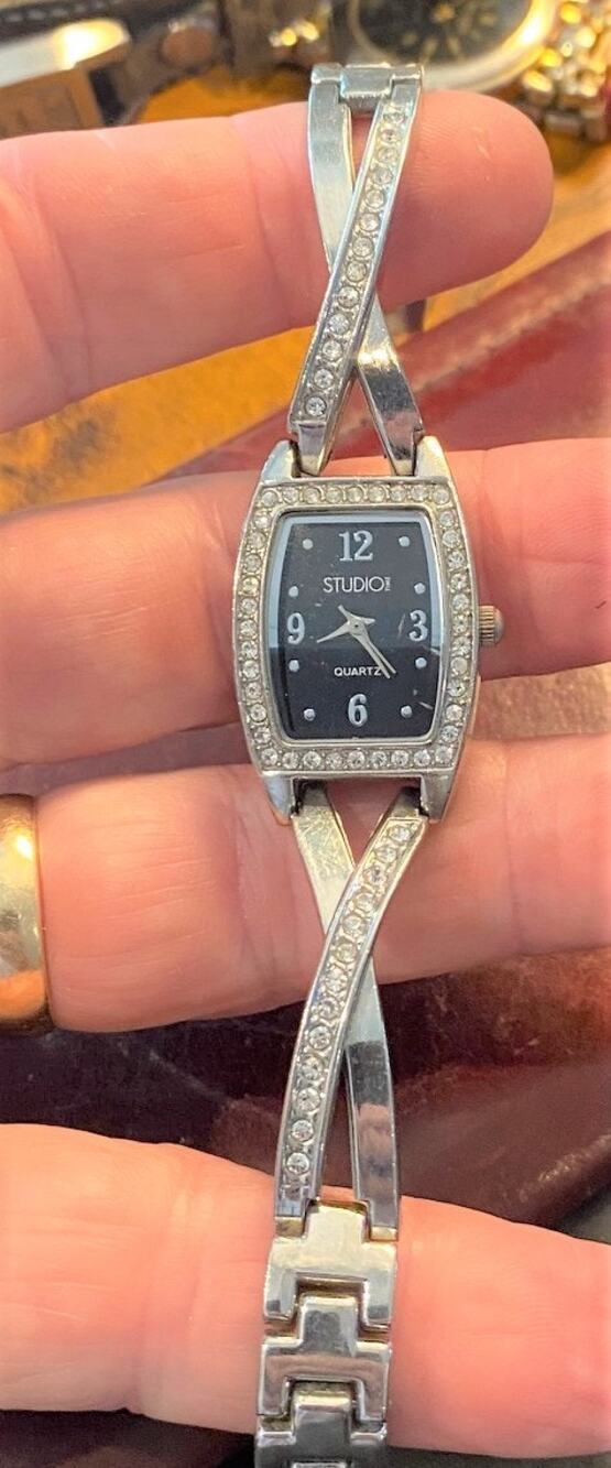 Women's Studio Time Watch, Silver Tone with Crystal Accents and Black Face